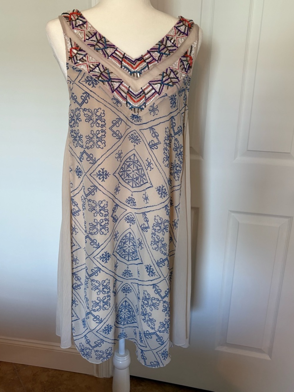 Free People Beaded Embroidered V-Neck Beige and Blue Sleeveless Dress